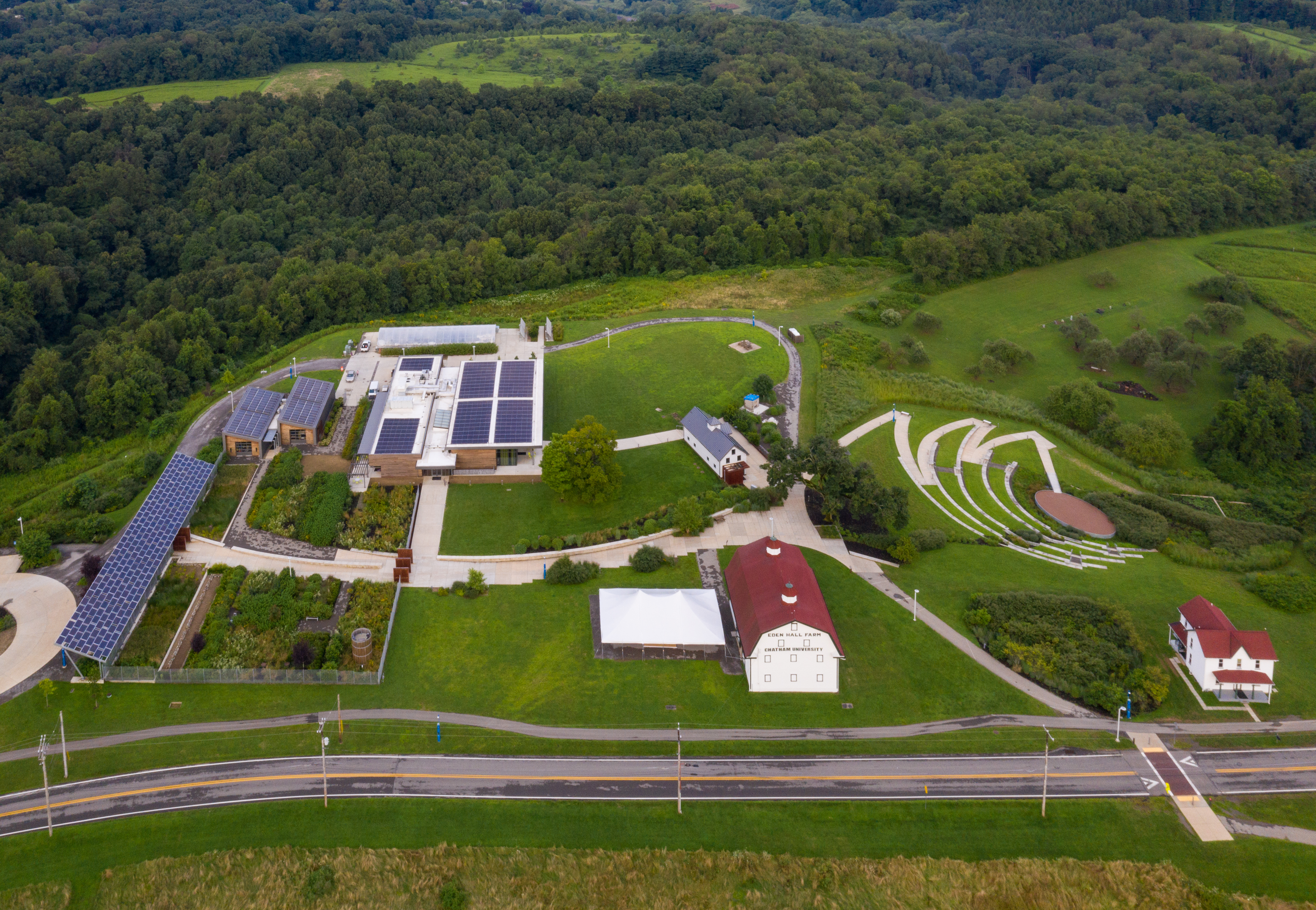 An overhead view of the campus showing a solar array